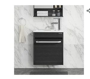 lot 9215 image: wonline 16 Bathroom Vanity Sink Combo for Small Space Black Wall Mounted Cabinet Set Design White Resin Basin Sink Top Chrome Faucet - Retail $83