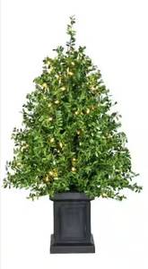 lot 5497 image: 2 ft. Prelit Boxwood Porch Artificial Christmas Tree with Black Pot and Warm White Lights, - Retail $50
