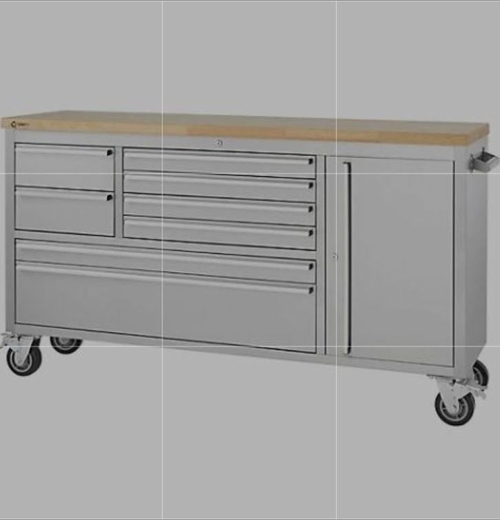 lot 9639 image: TRINITY 66 in. x 19 in. 8-Drawer Stainless Steel Rolling Workbench (SEE DETAILS) - Retail $1,500