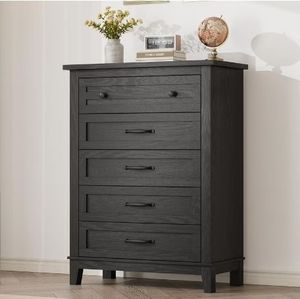 lot 4101 image: 5 Dresser for Bedroom, 41.3 Tall Vertical Drawer Dresser with Large Storage, Freestanding Wooden Closet Chest for Bedroom, Living Room, Black (MISSING SCREWS) - Retail $148