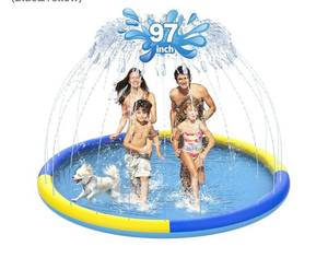 lot 5559 image: 97 Non-Slip Splash Pad for Kids and Dog, Thicken Sprinkler Pool Summer Outdoor Water Toys, Extra Large Backyard Wading Pool for Children Boys & Girls or Pet Dog (Blue) - Retail $55