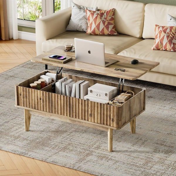 lot 477 image: PAKASEPT46.06 in. Brown Rectangle Wood Lift Top Coffee Table,Multi-Functional Coffee Table With Open Shelves & 3-Hidden Storage