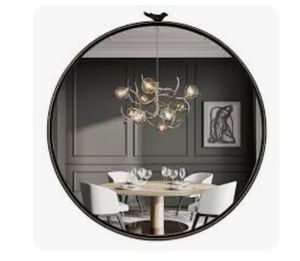 lot 5704 image: Varsoul Black Gold Round Mirror with Bird on The Top Wall Mirror with Golden Lines - 28in Large Modern Metal Frame Bathroom Mirrors Decorative Hanging Mirror for Living Room, Bedroom, Entryway, Foyer