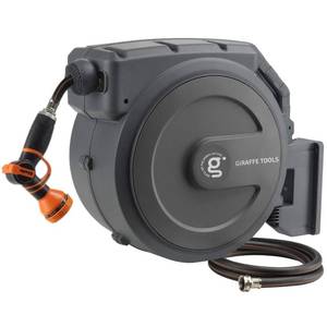 lot 5713 image: Giraffe Tools Retractable Garden Hose Reel 12 Inch x 130 ft, Super Heavy Duty, Any Length Lock, Slow Return System, Wall Mounted and 180 Deg Swivel Bracket - Retail $195.98