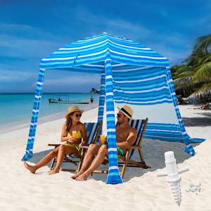 lot 7205 image: Grandekor Upgraded 6 x 6 Pop Up Beach Canopy Tent for Family &amp Kids UPF 50 Sun Shelter for Pool Camping with Sand Anchor SidewallWavy Blue Green Stripe