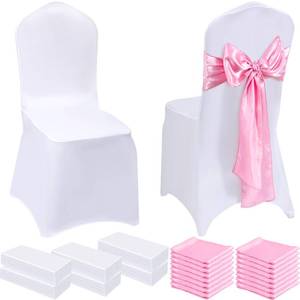 lot 7208 image: Mepase 100 Pcs White Folding Chair Covers for Party with 50 Chairs Sashes Bows 50 Pcs Stretch Spandex Chair Cover for Wedding Banquet Dining Holidays(Pink, White)