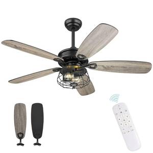 lot 7209 image: Farmhouse Ceiling Fan, 52Inch Ceiling Fans with Lights and Remote Control, Rustic Barnwood Blades, Industrial Cage Light, Matte Black, MK03-BK - Retail $159.99