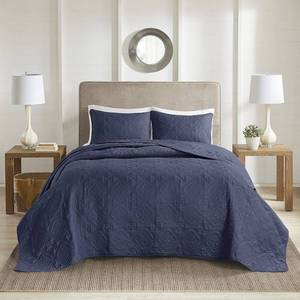 lot 7253 image: 3pc FullQueen Glen Reversible Bedspread Set Navy Blue - 510 Design Microfiber, Lightweight, Transitional Style