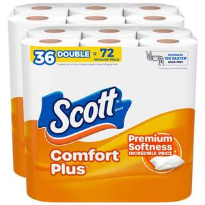 lot 70398 image: Scott ComfortPlus Toilet Paper, 36 Double Rolls, 231 Sheets per Roll, Septic-Safe, 1-Ply Toilet Tissue