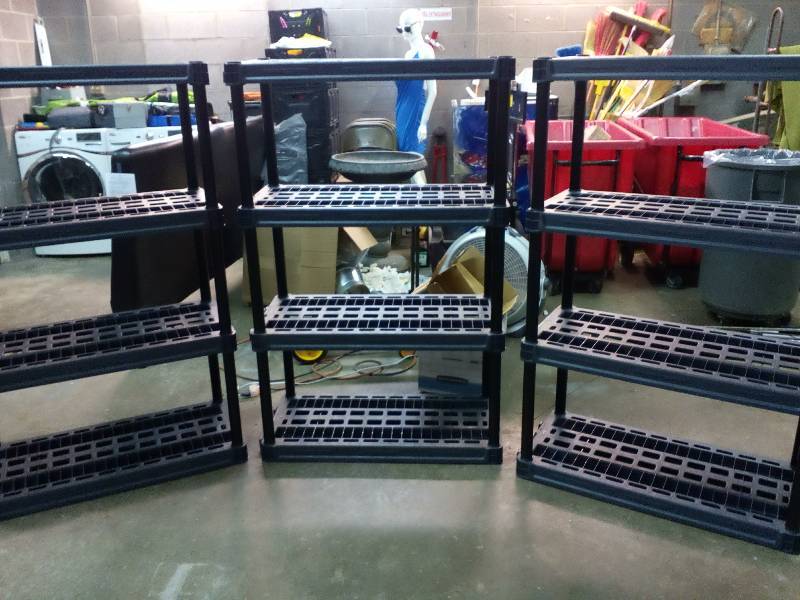 lot 156 image: Plano Plastic Heavy Duty Shelving- hook together for extra stability