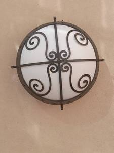 lot 6008 image: 4 Vintage Wrought Iron Ceiling Light Fixtures with Frosted Glass