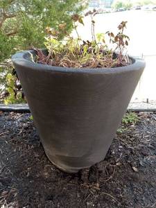 lot 6011 image: Lot of 2, 26in tall x 26in in diameter outdoor  indoor plastic planters