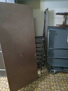 lot 6049 image: Commercial banquet tables and stacking chairs, bar stools and podium   - Retail $1200