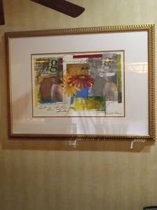 lot 6052 image: Lot of 2 Abstract Floral Mixed Media Artwork in Gold Frame, Celeste Peter art on paper, 55x42inches