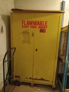 lot 6058 image: Industrial Storage Room with Flammable Cabinet and Shelving  - Retail $450 ITEM HALTED NO LONGER AVALIABLE