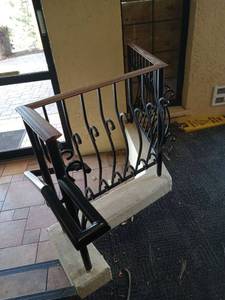 lot 6116 image: Decorative Wrought Iron Stair Railing with Wood Handrail (set of 2  left and right hand)  - Retail $450