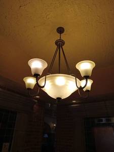 lot 6132 image: Vintage Style Bronze Chandelier with Frosted Glass Shades  - Retail $299