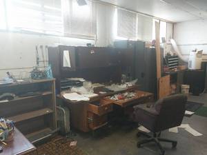 lot 6135 image: Office Furniture Set - Desk, Storage Cabinet and Shelving Unit  - Retail $450