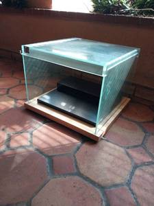 lot 9529 image: Modern Glass Buffet Display Stand with Black Shelves  - Retail $149