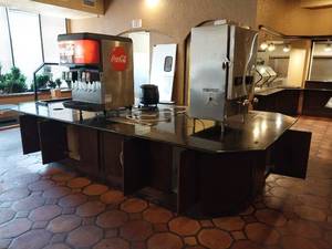 lot 9536 image: Commercial Buffet BarIsland with Norris N-10-S Beverage Station, Coca-Cola Dispenser NOT INCLUDED, soup warmer and food display with sanitation guard.  - Retail $4000