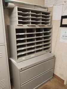 lot 9546 image: Industrial Mail Sorter Cabinet with File Drawers  - Retail $250