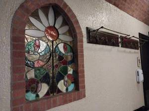 lot 9606 image: Vintage Stained Glass Window with Antique Coat Rack  - Retail $450