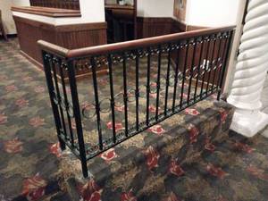 lot 9608 image: Decorative Wrought Iron Railings with Wood Top Rail (3x 4.5 sections, 1x 5.5 section, 1x 6.5 Section)  - Retail $450