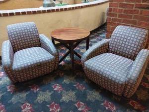 lot 9609 image: Modern Commercial Lounge Set of 2 Chairs with Round Side Table  - Retail $599