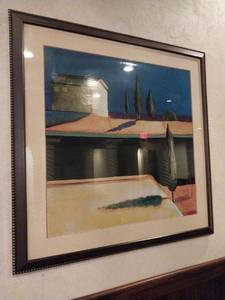 lot 9620 image: 39 Square Mediterranean Landscape with Cypress Trees Framed Art Print  - Retail $125
