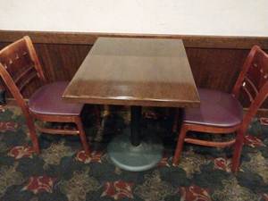 lot 9621 image: 24 x 36 Restaurant Dining Table with Purple Vinyl Chairs  - Retail $299