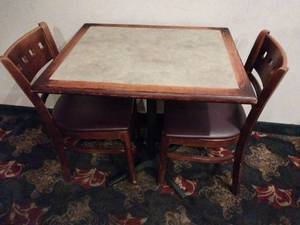 lot 9622 image: 24 x 36 Wooden Restaurant Table and 2 Chair set with Brown Vinyl Seat