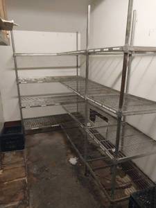 lot 9638 image: Commercial Kitchen Storage Lot - Metal Shelving, Kegs & Crates  - Retail $450