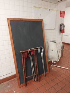 lot 9642 image: Restaurant Equipment Lot - Chalkboard, Mop Stand and Chair  - Retail $150