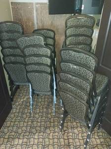 lot 9681 image: Commercial Patterned Banquet Chairs, Table and Vacuum  - Retail $1200