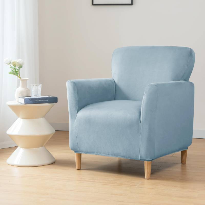 lot 28715 image: MINGPINHUIUS Banquet Velvet Armchair Slipcover Modern Luxury 1Piece Chair Slipcover Washable Solid Color Soft Single Couch Covers,for Dog Pet (Light Blue)