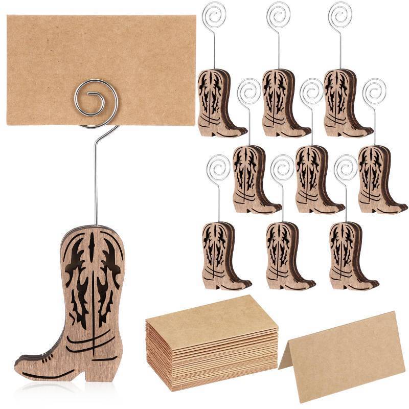 lot 31810 image: Havawish 7 Pcs Wood Cowboy Boot Place Card Holders and 7 Pcs Kraft Table Place Cards Cowboy Boots Table Number Holders Photo Holder Menu Memo Clips Cowboy Boot Decorations for Wedding Party Favors