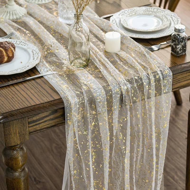 lot 41820 image: Artoid Mode 6Pcs Beige Gold Gauze Table Runner 120 Inch 10FT, Glitter Metallic Foil Sheer Dining Wedding Anniversary Holiday Birthday Table Decor for Home Party