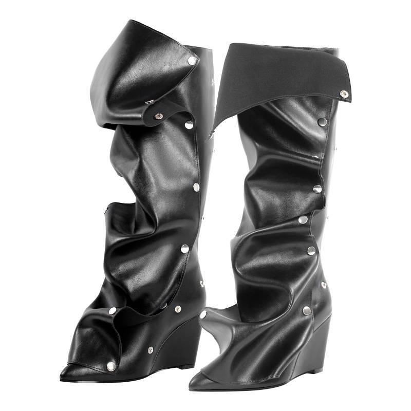 lot 50562 image: pinokino Wedge Heel Shark Boots for Women Knee High Foldover Ruched Scrunch Stiletto Heel Snap Buttons Pull on Slouchy Boots Denim Black Size 11