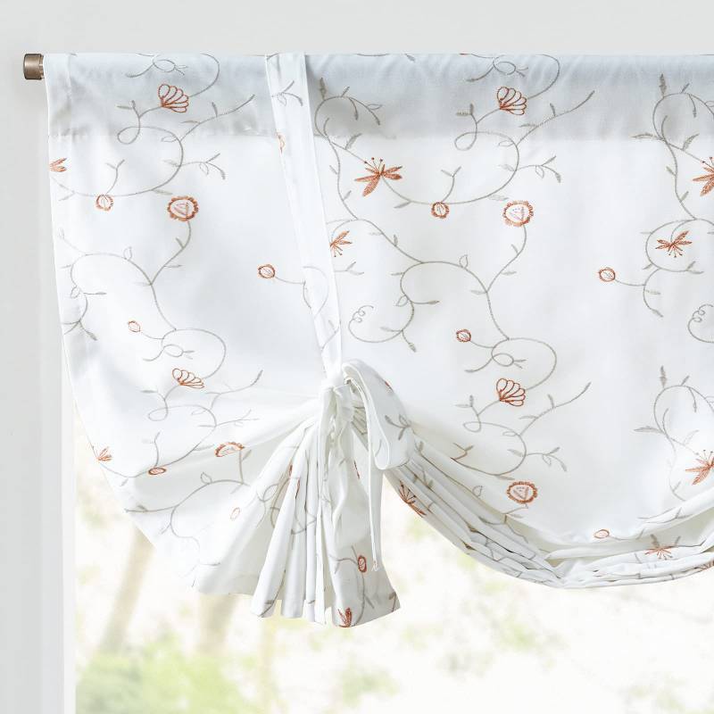 lot 50645 image: JINCHAN Tie Up Valance Curtain with Coral Orange Floral Embroidery 45 Inch Farmhouse Botanic Small Window Curtain Adjustable Tie-up Shade Rustic Light Filtering Valance for Living Room Kitchen 1 Panel