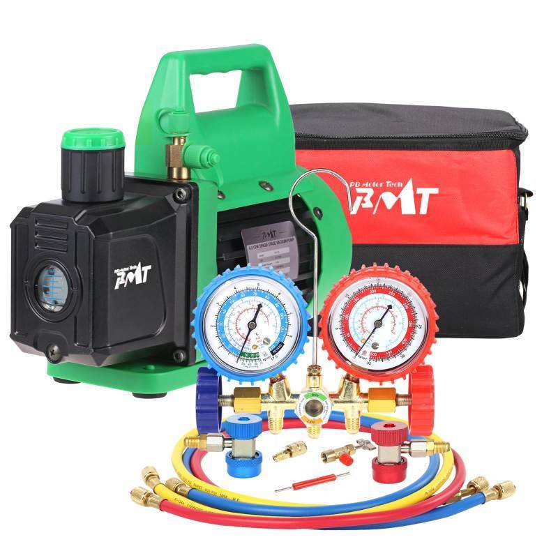 lot 50347 image: PB Motor Tech Vacuum Pump & Gauge Set - 4.5 CFM Pump wBrass Manifold Gauge, Quick Couplers, 410 Adapter, Can Tap Tool & Carrying Tote - for R134A, R12, R22, R502 Refrigerants & AC Maintenance