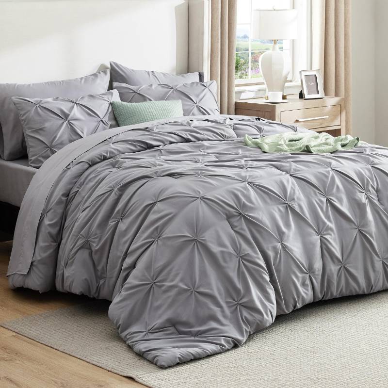 lot 21090 image: Bedsure California King Comforter Set Grey - Bed in a Bag California King Size 7 Pieces, GentleSoft Pintuck Bed Set Gift for Family, Pinch Pleat Grey Comforter with Sheets, Pillowcases & Shams