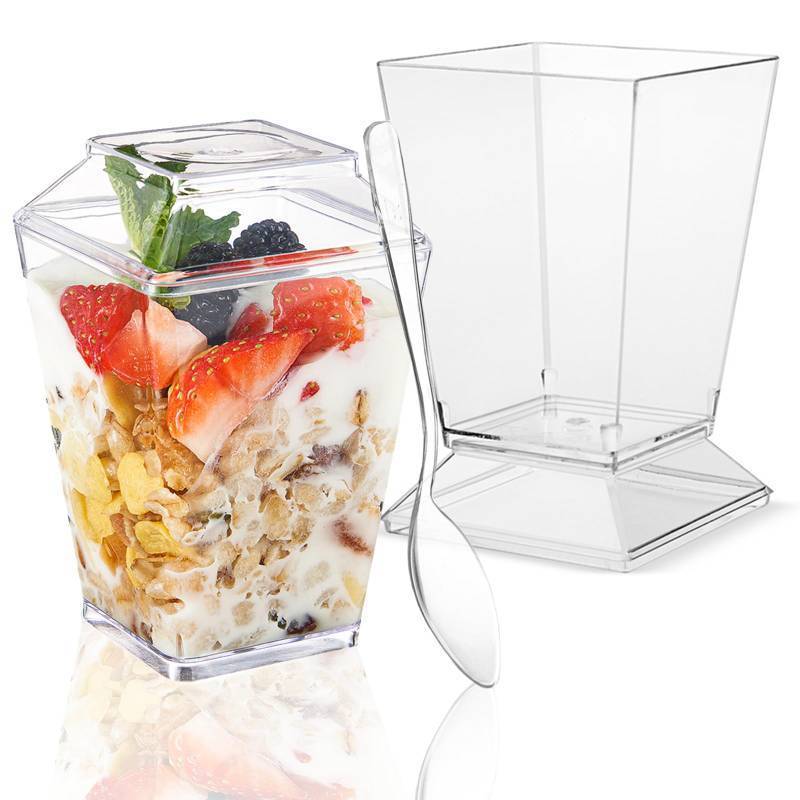 lot 19179 image: TOFLEN 50 Pack 5 oz Plastic Dessert Cups with Lids for Party, Mini Square Dessert Cups with Spoons for Yogurt, Parfait, Pudding, Jello and Appetizers, Dessert Shooters