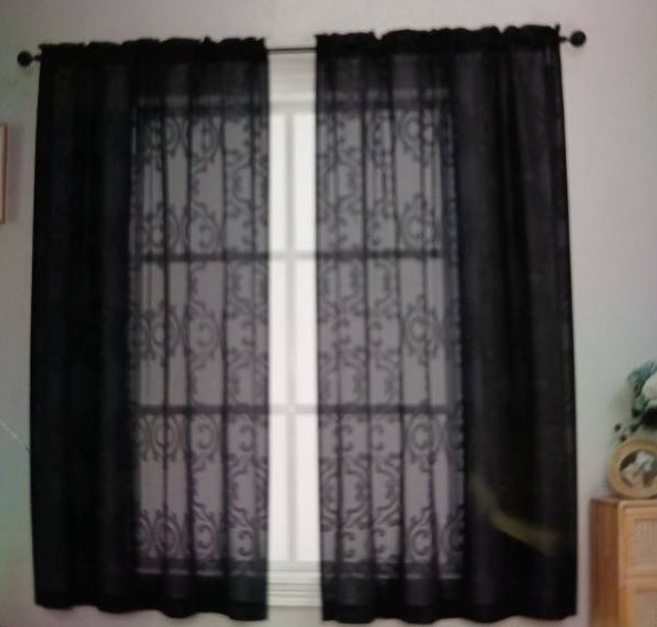 lot 30170 image: Black Sheer Damask Curtain Panel with Dual Rod Pocket 54W x 63L 2 Panels