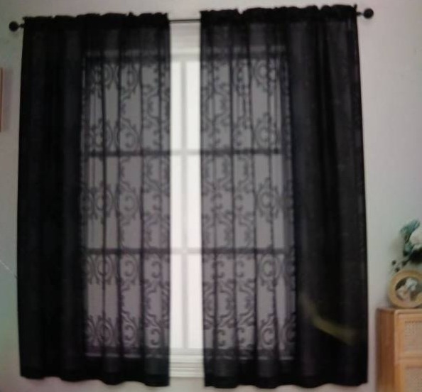 lot 30171 image: Black Sheer Damask Curtain Panel with Dual Rod Pocket 54W x 63L 2 Panels
