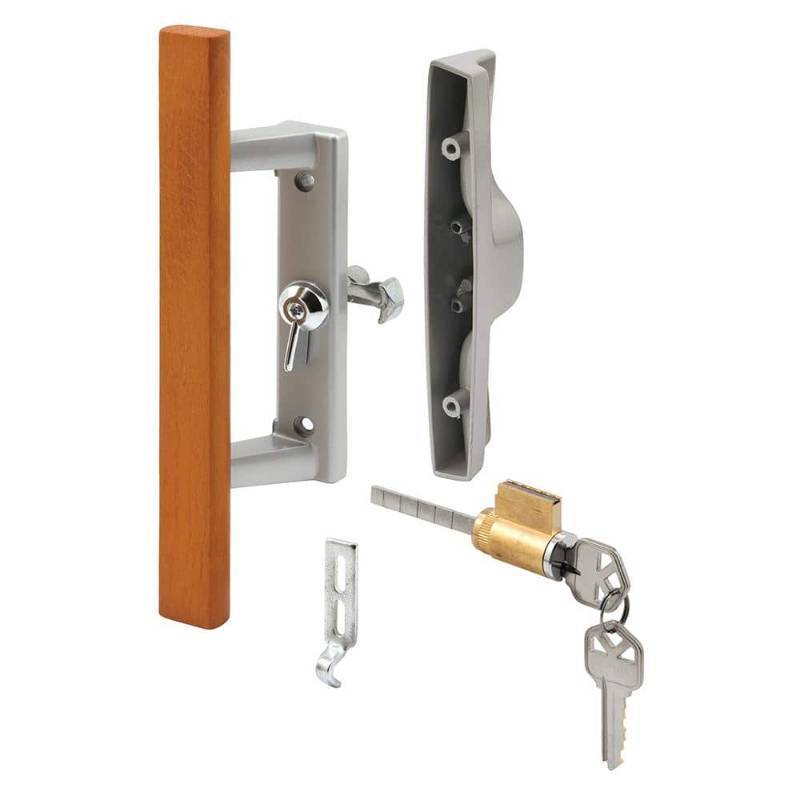 lot 31406 image: Diecast with Wood Handle  Gray  Patio Door Handle  Tee Lock  Keyed