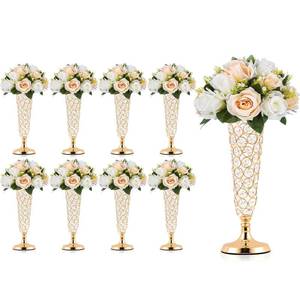 lot 23500 image: Kehail 9 Pcs Gold Trumpet Vases - 13 Metal Crystal Vase Bulk for Artificial Flowers, Wedding Centerpiece, Home Table Decor,Faux Floral Arrangement Display
