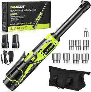 lot 23521 image: Robustrue 38 Cordless Ratchet Wrench, 6-inch Extended Ratchet Wrench, 40Ft-lbs 400RPM Cordless Ratchet, 2 Batteries Power Electric Ratchet Driver with Variable Speed, 7 Sockets, LED Light (Pre Owned)