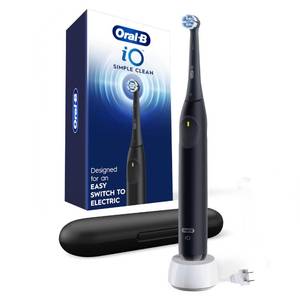 lot 23527 image: Oral-B iO Simple Clean Rechargeable Electric Powered Toothbrush, Night Black with 1 Gentle Care Brush Head and 1 Black Travel Case - Automatic Pressure Sensor to Protect Gums - 3 Modes - 2 Min Timer