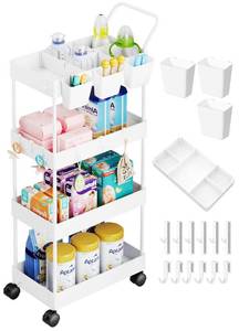 lot 23541 image: 4 Tier Rolling Cart with Wheels and Handle, Plastic 4 Tiered Art Cart Organizer on Wheels, White Storage Utility Carts for Baby Diaper Caddy, Snack, Book, Nail, Lash, Cleaning Supplies, Bathroom