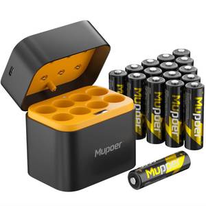 lot 23566 image: Rechargeable AA Lithium Batteries with Charger,16 Count 3600 mWh 1.5V Double A Batteries High Capacity,Long Lasting Rechargeable AA Li-ion Battery with Integrated Charging Storage Box - Gold